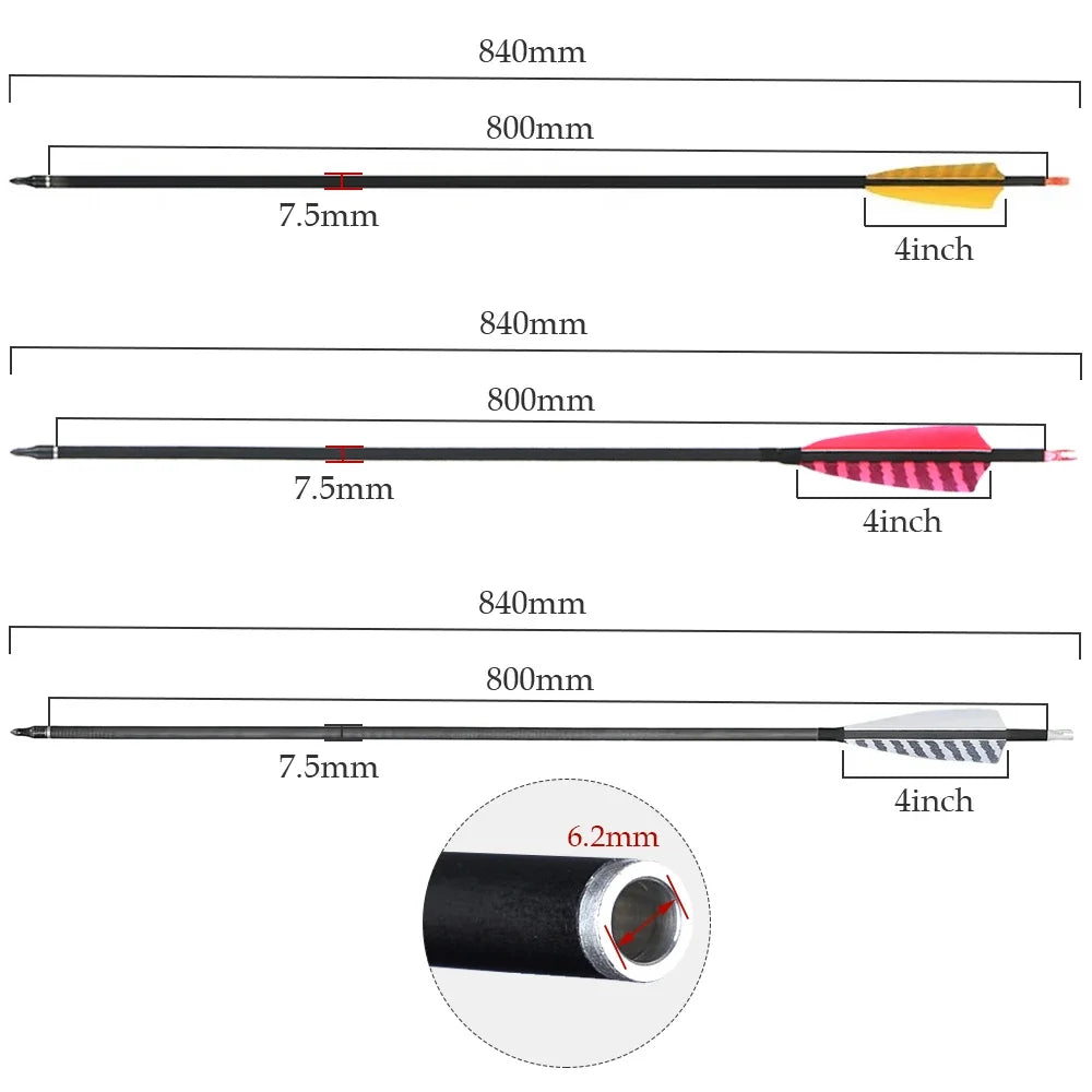 Pure Carbon Arrow with Turkey Feather 32" Spine 400 Adjustable Nock Archery Shooting Hunting